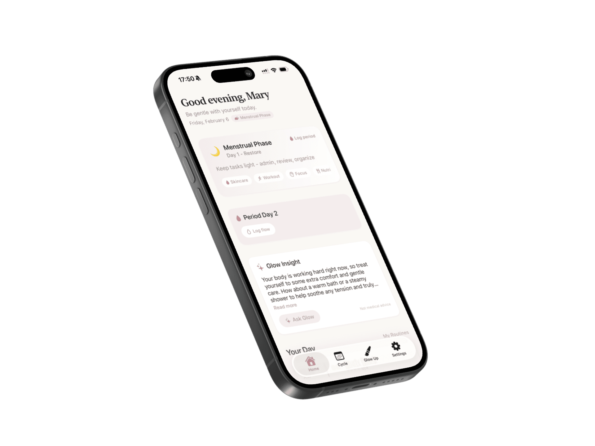 Sister Glow Up app showing cycle phases and daily recommendations